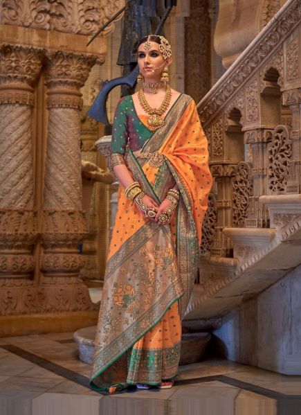 Orange Banarasi Silk Party-Wear Saree With Jacquard Weaving