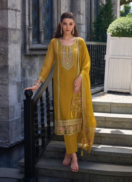 Mustard Yellow Organza Embroidered Festive-Wear Readymade Pant-Bottom Salwar Kameez