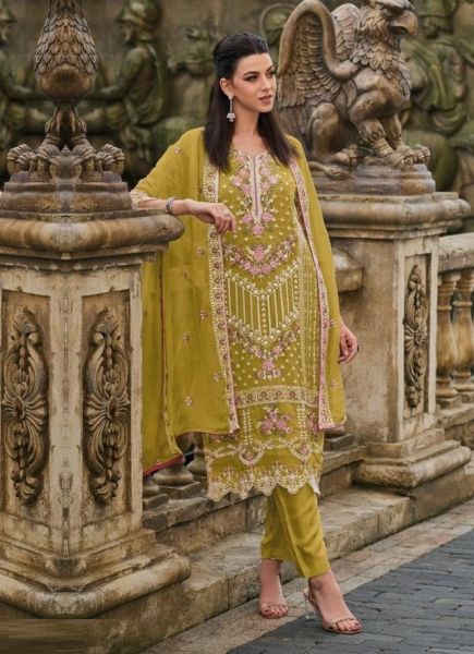 Dark Golden Organza Embroidered Festive-Wear Pakistani Readymade Salwar Kameez
