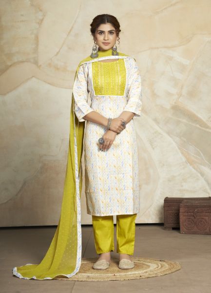 White & Yellow Cotton Blend Printed Office-Wear Pant-Bottom Readymade Salwar Kameez