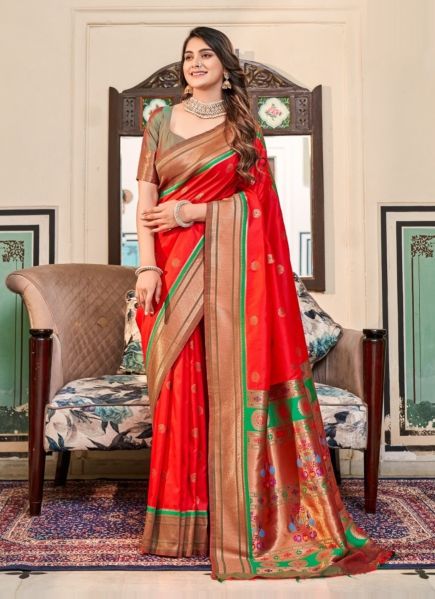 Red Woven Paithani Silk Saree For Traditional / Religious Occasions