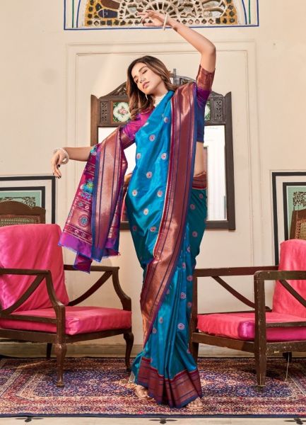 Sky Blue Woven Paithani Silk Saree For Traditional / Religious Occasions