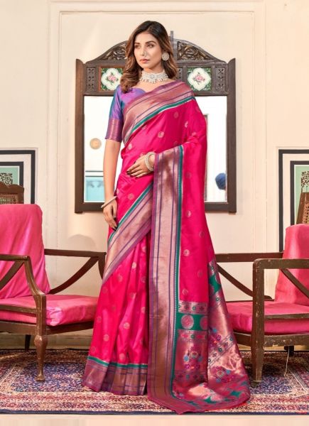 Magenta Woven Paithani Silk Saree For Traditional / Religious Occasions