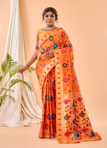 Orange Weaving Festive-Wear Pure Paithani Silk Saree