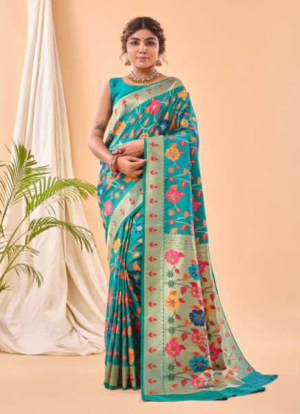 Teal Blue Weaving Festive-Wear Pure Paithani Silk Saree