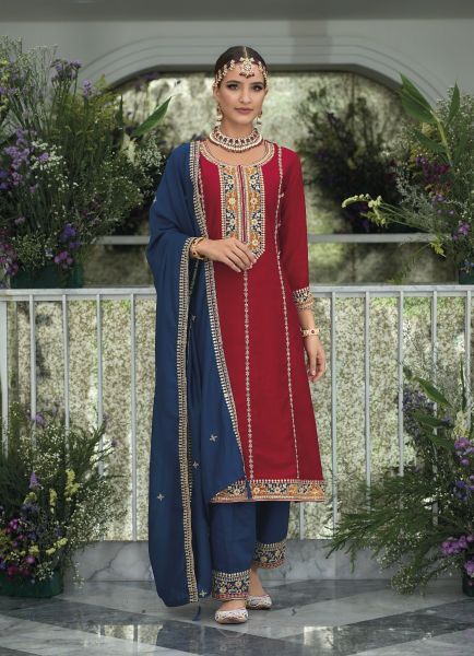 Red Silk Embroidered Pant-Bottom Readymade Salwar Kameez For Traditional / Religious-Wear 