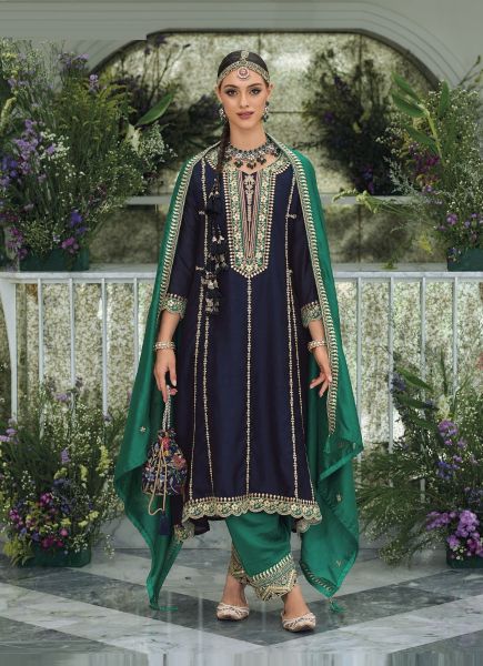 Navy Blue Silk Embroidered Pant-Bottom Readymade Salwar Kameez For Traditional / Religious-Wear 