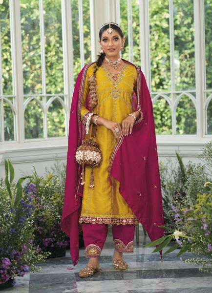 Yellow Silk Embroidered Pant-Bottom Readymade Salwar Kameez For Traditional / Religious-Wear 