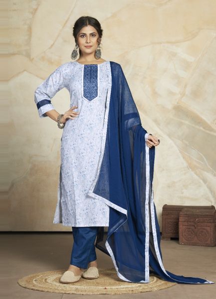 White & Blue Cotton Blend Printed Office-Wear Pant-Bottom Readymade Salwar Kameez