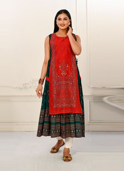Red & Teal Green Cotton Printed Party-Wear Readymade Anarkali Kurti [With Chanderi Shrug]