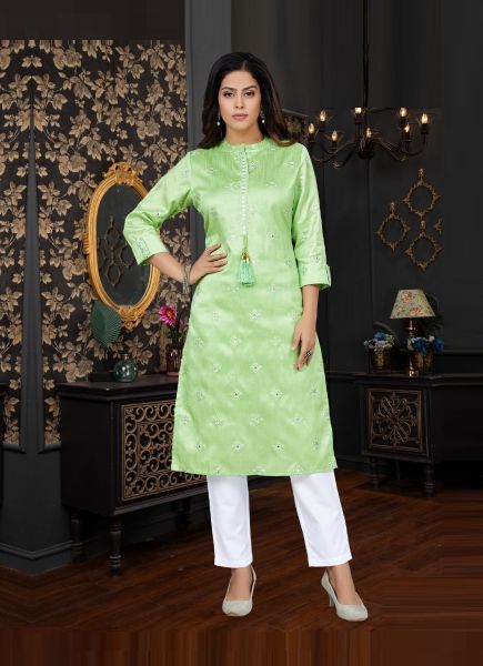 Light Green Silk Mirror-Work Party-Wear Readymade Kurti With Pant