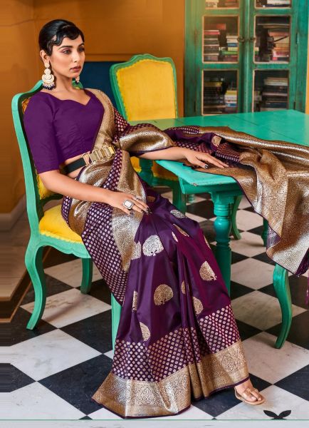 Violet Banarasi Woven Silk Party-Wear Saree