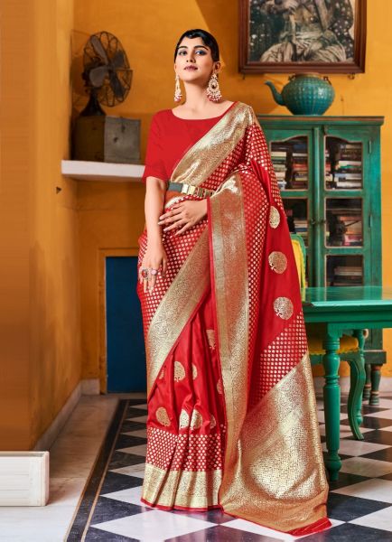 Red Banarasi Woven Silk Party-Wear Saree