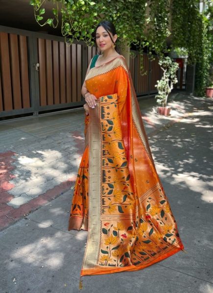 Orange Red Banarasi Silk Weaving Festive-Wear Saree