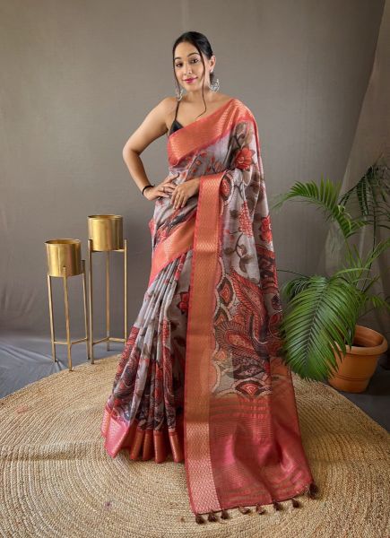 Lilac Tussar Silk Floral Digitally Printed Festive-Wear Saree