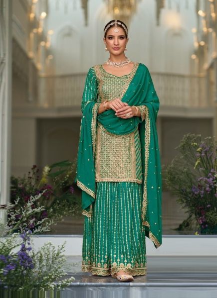 Teal Green Silk Zarkan-Work Sharara-Bottom Readymade Salwar Kameez For Traditional / Religious Occasions