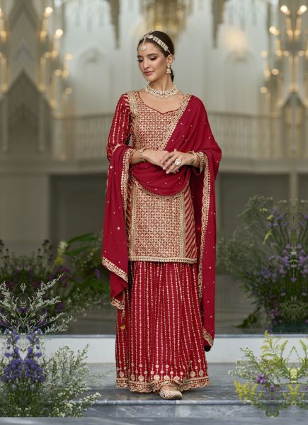 Red Silk Zarkan-Work Sharara-Bottom Readymade Salwar Kameez For Traditional / Religious Occasions