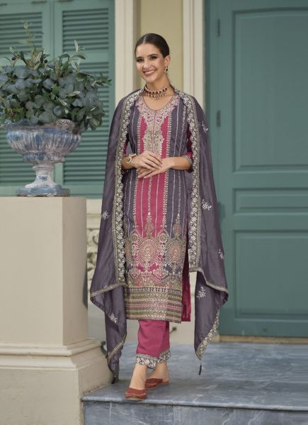 Dark Pink & Gray Premium Silk Embroidered Festive-Wear Pant-Bottom Readymade Salwar Kameez