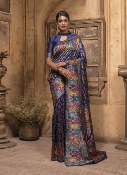 Blue Banarasi Woven Silk Festive-Wear Saree