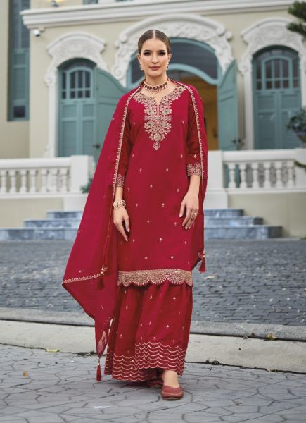 Crimson Red Roman Silk Embroidered Sharara-Bottom Readymade Salwar Kameez For Traditional / Religious Occasions