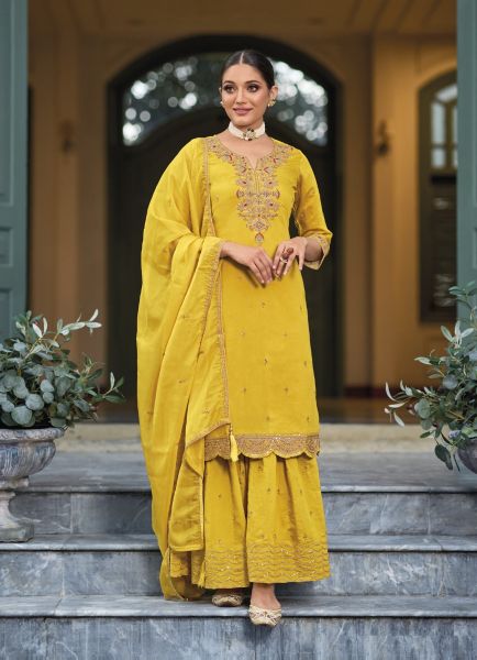 Yellow Roman Silk Embroidered Sharara-Bottom Readymade Salwar Kameez For Traditional / Religious Occasions