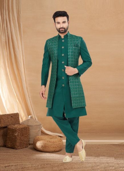 Green Art Silk Weaving Wedding-Wear Kurta, Pyjama With Jacket
