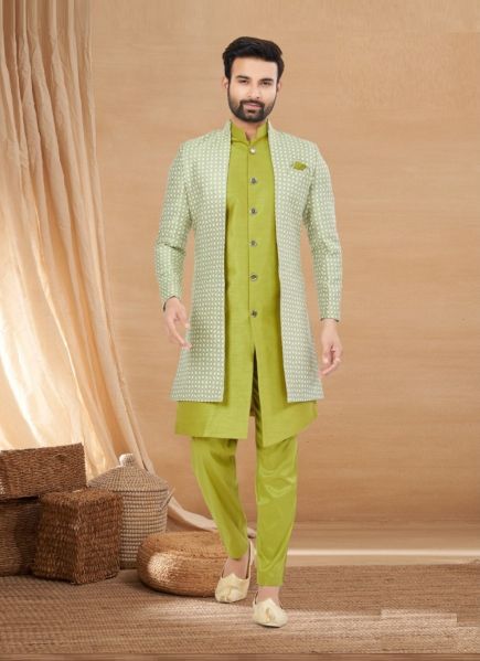 Lime Green Art Silk Weaving Wedding-Wear Kurta, Pyjama With Jacket