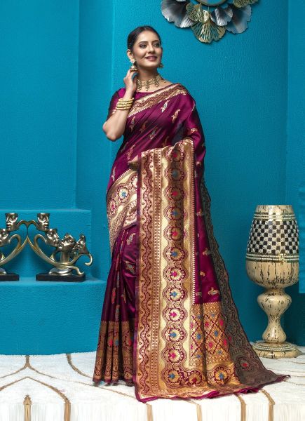 Purple Silk Handloom Woven Festive-Wear Saree