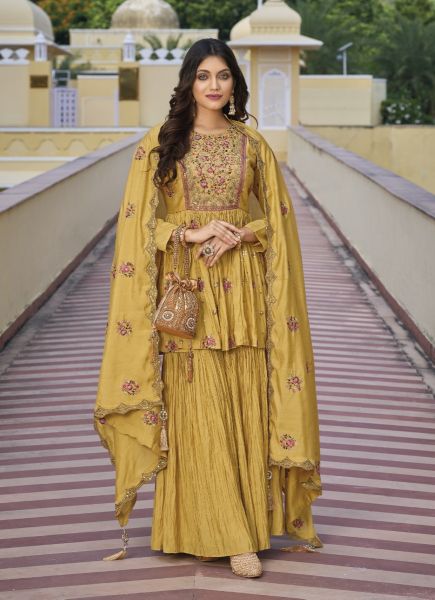Mustard Yellow Silk Embroidered Party-Wear Readymade Sharara-Bottom Salwar Kameez