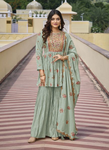 Light Mint Green Silk Embroidered Party-Wear Readymade Sharara-Bottom Salwar Kameez