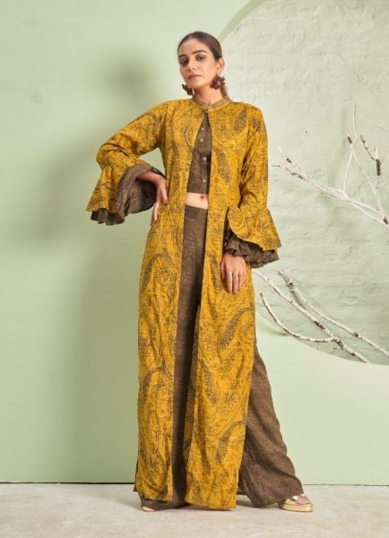 Mustard Yellow & Light Brown Rayon Printed Party-Wear Top & Bottom With Jacket