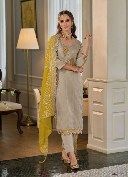 Beige Embroidered Party-Wear Salwar Kameez With Yellow Dupatta
