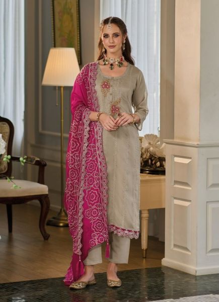 Beige Embroidered Party-Wear Salwar Kameez With Magenta Dupatta