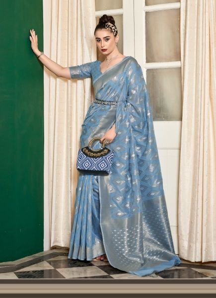 Light Sky Blue Cotton Modal Silk Weaving Festive-Wear Saree