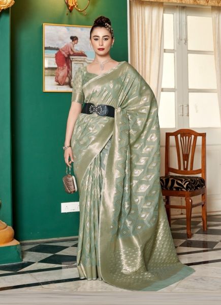 Light Sage Green Cotton Modal Silk Weaving Festive-Wear Saree
