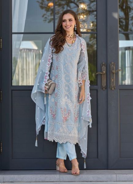 Light Blue Soft Organza Thread-Work Festive-Wear Pakistani Readymade Salwar Kameez