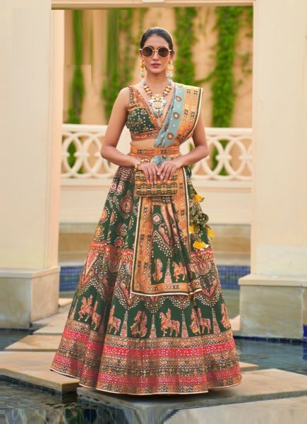Bottle Green Rajwadi Silk Printed Wedding-Wear Stylish Lehenga Choli With Belt