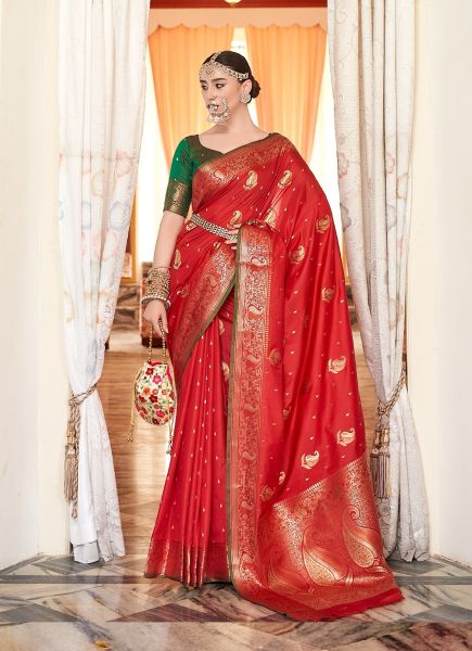 Red Silk Saree With Copper Weaving