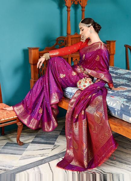 Purple Silk Saree With Copper Weaving