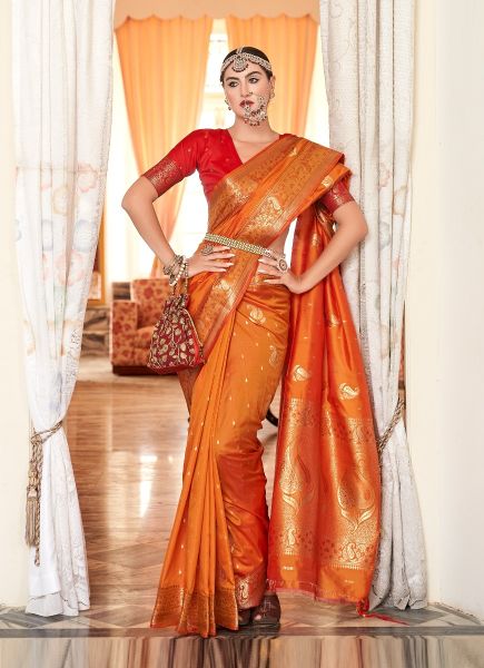 Orange Silk Saree With Copper Weaving