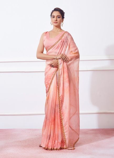 Pink Organza Digitally Printed Boutique-Style Saree For Kitty Parties