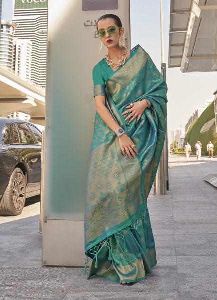 Teal Blue Woven Silk Handloom Saree For Traditional / Religious Occasions