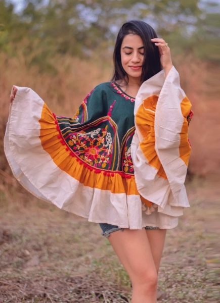 Multicolor Khadi Cotton Thread-Work Resort-Wear Poncho