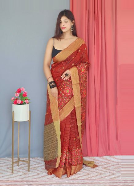 Red Linen-Cotton Thread-Work Festive-Wear Saree