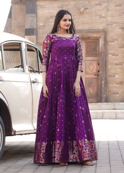 Purple Crape Woven Silk Party-Wear Floor-Length Readymade Gown