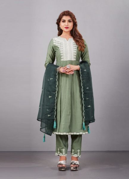 Sage Green Embroidered Festive-Wear Organza-Dupatta Salwar Kameez