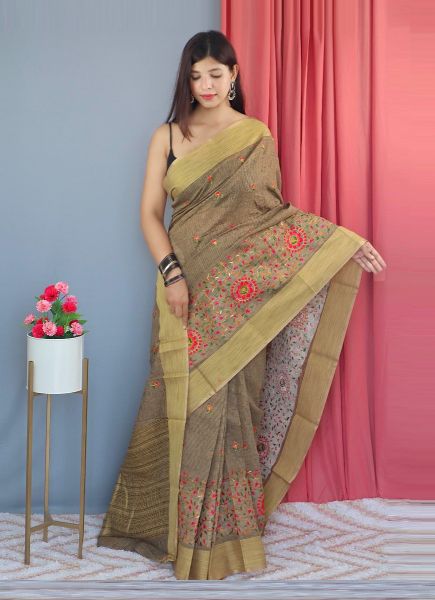 Light Brown Linen-Cotton Thread-Work Festive-Wear Saree