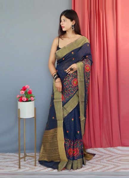 Blue Linen-Cotton Thread-Work Festive-Wear Saree