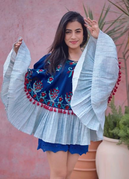 Royal Blue Khadi Cotton Thread-Work Resort-Wear Poncho