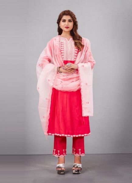 Pink Red Embroidered Festive-Wear Organza-Dupatta Salwar Kameez